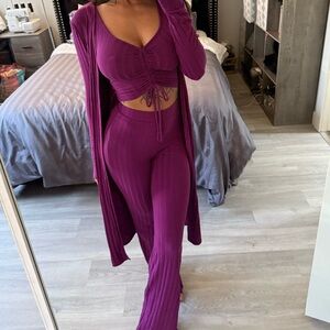 Plum purple ribbed flare pants set
